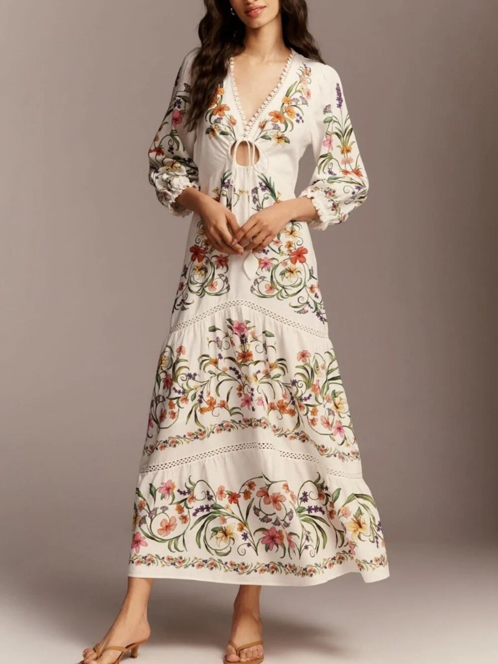 Farm Rio x Anthropologie Long-Sleeve Cutout floral Maxi Dress White XXS NEW